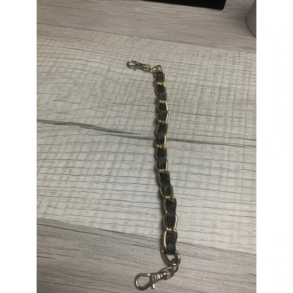 Gold Tone Interwoven Black Leather Chain Bracelet Lobster Clasp 7.5 Inch